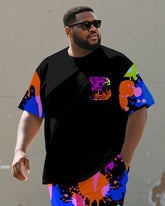 Men's Plus Size Graffiti Color B Letter Print Short Sleeve T-Shirt Shorts Suit